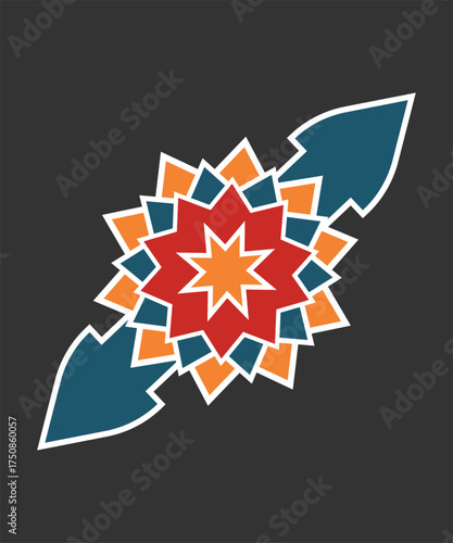 Colorful geometric star mandala pattern with modern abstract symmetry design in red orange and blue on dark background suitable for Islamic art decoration or ornamental textile design