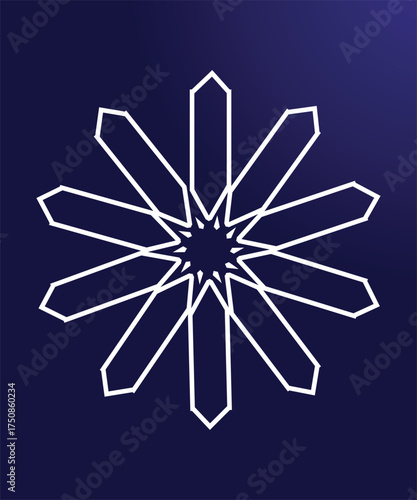 White geometric mandala with star symmetry and polygon shapes on dark blue gradient background representing islamic art modern decoration abstract pattern and elegant cultural design concept