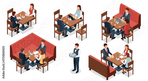 Professional business lunch meetings in a stylish restaurant, perfect for networking and deal-making with attentive waiter service to create an elegant dining experience