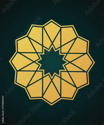 Golden geometric mandala star ornament with modern symmetry design and polygon shapes on dark green background symbolizing islamic art luxury decoration abstract pattern and elegant concept