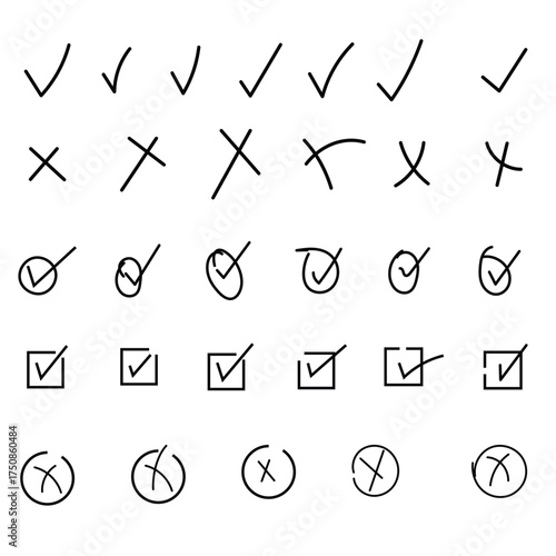Collection of hand drawn check marks and x marks in various styles and shapes on white background