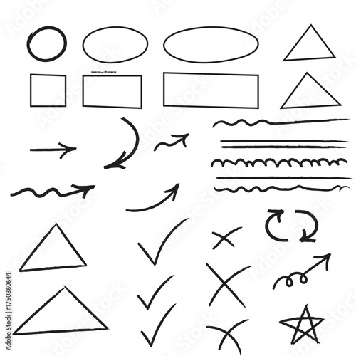 Collection of hand drawn geometric shapes arrows checkmarks and symbols on white background
