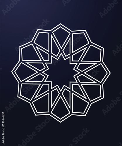 White geometric mandala ornament with modern arabic star symmetry pattern on dark blue background representing islamic art luxury decoration and abstract cultural design for elegant concept