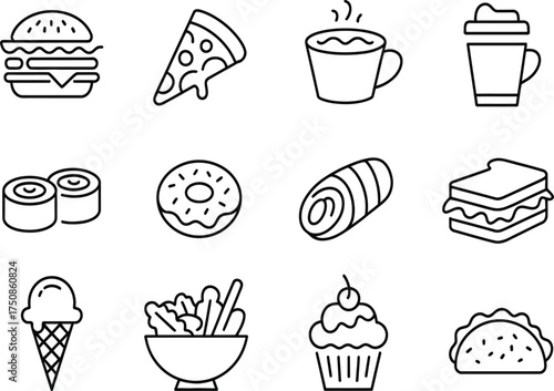Collection of hand drawn doodle icons representing popular fast food and drinks
