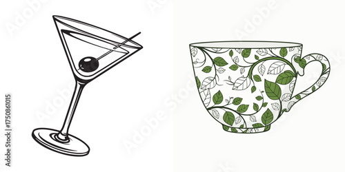 Black and White Martini and Green Leaf Tea Cup Design