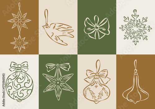 Christmas ornament doodles collection. Art for greeting cards, wedding invitations, poster design, postcards, branding, logo design, background.