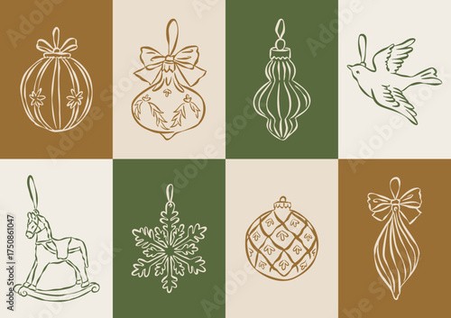 Christmas ornament doodles collection. Art for greeting cards, wedding invitations, poster design, postcards, branding, logo design, background.