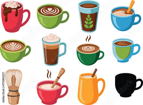 Collection of assorted hot beverages in colorful mugs and cups