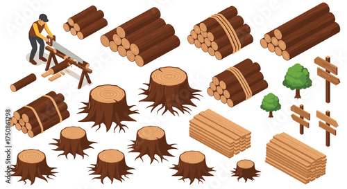 Isometric lumberjack cutting wood logs, creating timber and tree stumps for building homes and signs with forestry in a dense forest environment