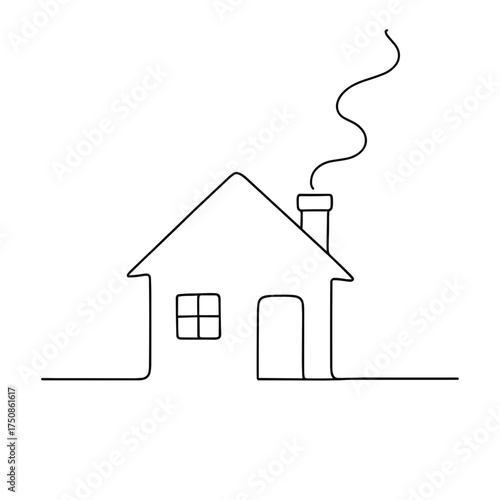 Simple line drawing of a house with chimney and smoke concept of winter  