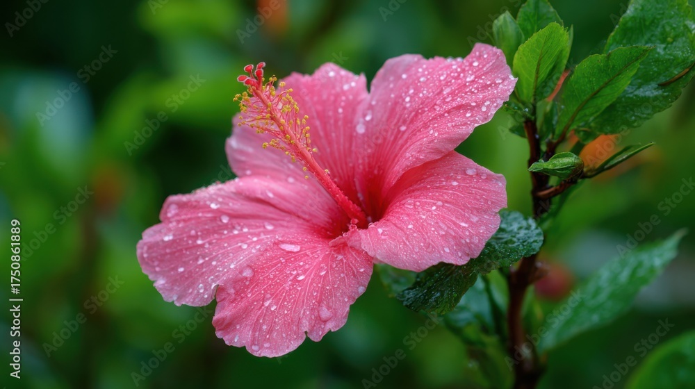 Obraz premium A vibrant pink hibiscus flower stands out among its green leaves glistening with raindrops showcasing natures beauty in a peaceful garden during the morning hours.