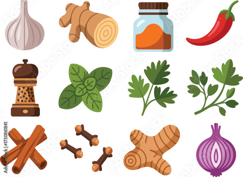 Collection of fresh and dried spices and herbs for cooking and seasoning
