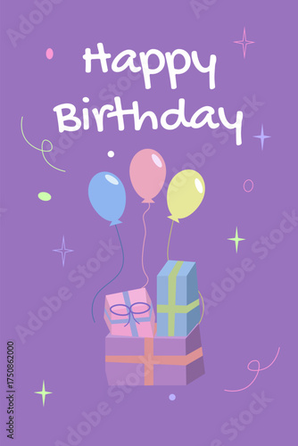 Happy Birthday card with colorful gift boxes and festive decorations. Bright cheerful vector illustration for greetings, invitations, or posters.