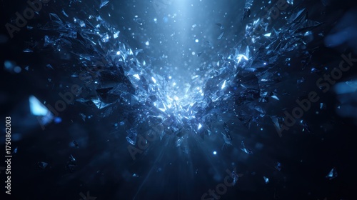 Exploding shards of blue ice with bright beams of light and blurred dark background
