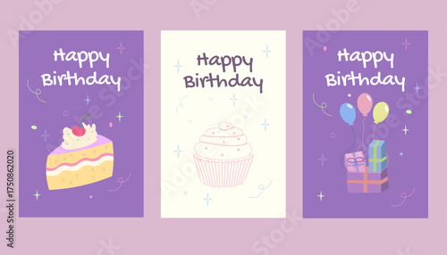 Set of cute Happy Birthday cards with cakes, cupcakes, candles, and gifts. Festive vector collection for greetings, invitations, posters, or prints.