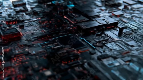 Abstract close-up of a dark, intricate circuit board with glowing red and blue electronic components, symbolizing digital technology and data.