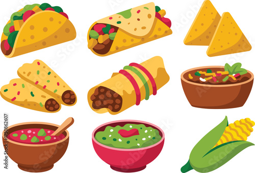 Collection of delicious mexican food items including tacos burritos and nachos