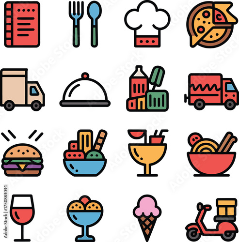 Food and delivery icons including pizza burger and ice cream