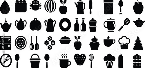 Collection of black silhouettes of kitchenware and food items