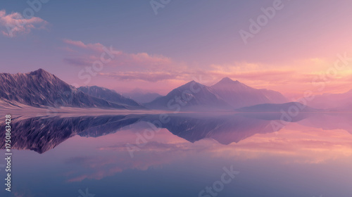 A misty view of a pink toned and serene mountain lake at sunrise, mirror reflection, soft pastel sky, minimal, ultra high detail, wide horizontal landscape format 16:9. Background or copy space