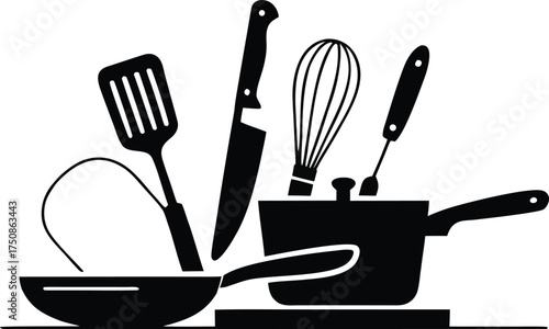 Black Cooking Utensil Icon Set for Kitchen and Restaurant Design