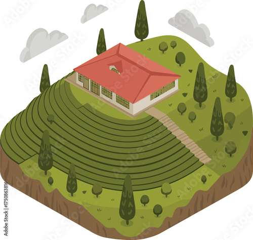 Isometric house on terraced green hillside with trees