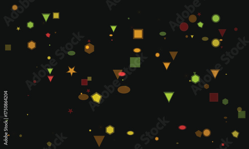 Floating multicolored geometric shapes scattered on a dark background design