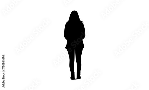 a silhouette of a woman walking away from the viewerblack, dark, girl, hood, person, profile, stand, walk, woman 