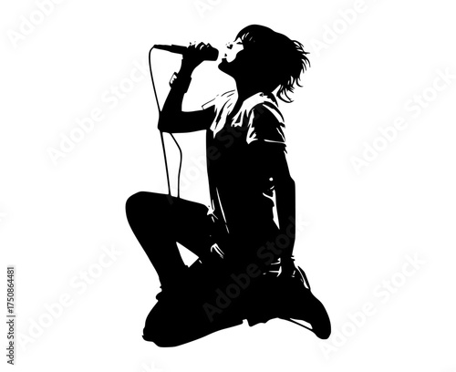 a silhouette of a person singing into a microphoneblack, floor, man, microphone, profile, sing, singer, stool, woman 
