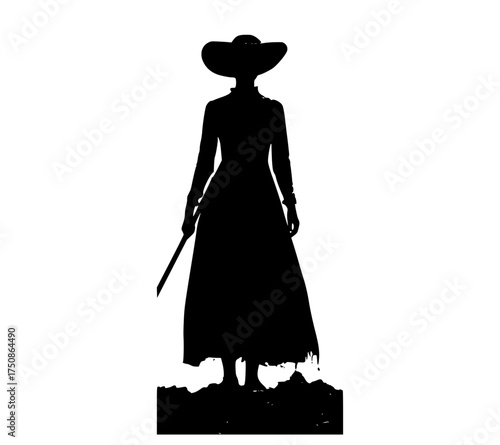 a silhouette of a woman in a long dress and hat, holding a sword, standing on a hillblack, catch, cowboy hat, dress, gun, hat, profile, shovel, stand, straw hat, sun hat, sword, wear, witch, woman 