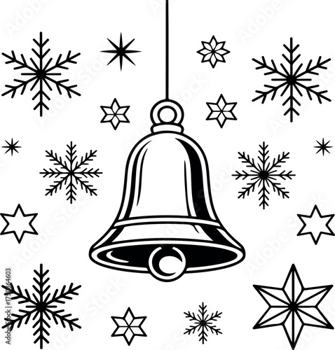 Festive Christmas Icons – Holiday Bell with Snowflakes and Stars. Christmas Bell and Snowflake Icon Set – Elegant Black and White Holiday Design. Classic Christmas Icons – Festive Bell and Snowflake 