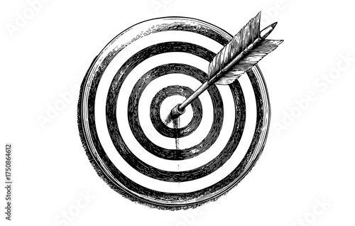 a black and white drawing of an arrow hitting the center of a bullseyearrow, black, dart, dartboard, feather, goal, illustration, white 