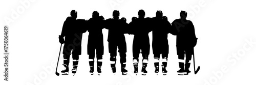 a group of silhouettes of hockey players standing in a line, holding handsblack, illustration, man, person, pole, profile, ski, ski equipment, ski pole, ski slope, skier, snowboarder, stand 