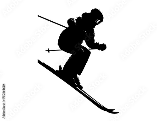 a silhouette of a skier in mid air, performing a jumpblack, jump, man, person, pole, profile, ski, ski pole, skier, sky, trick 