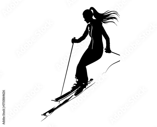 a silhouette of a female skier in mid-air, performing a jumpblack, girl, jump, profile, ride, ski, skier, woman 