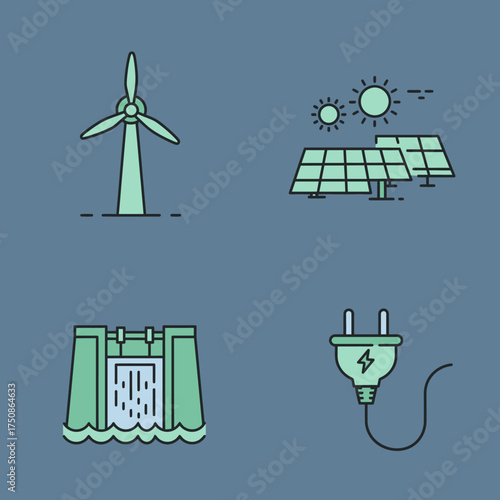 Modern Thin Line Style Renewable Energy Source Icon Set Illustration