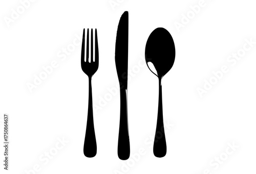 a black cutlery set consisting of a knife, fork and spoon on a plain transparent backgroundblack, cutlery, fork, profile, silverware, utensil 