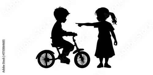 a silhouette of a boy and a girl playing with a tricyclebicycle, boy, child, girl, profile, ride, tricycle 
