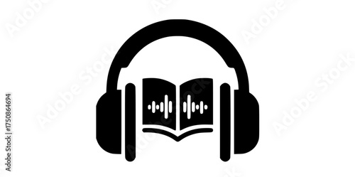 a black and white icon of a pair of headphones with an open book insideblack, earphone, flat, icon, illustration, open 