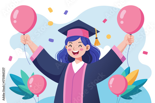 Happy Asian woman with pink hair holding some pink balloons in her hand and raising her other hand in ok sign, shouting happily, she finally passed all the university exams and has a graduation party 