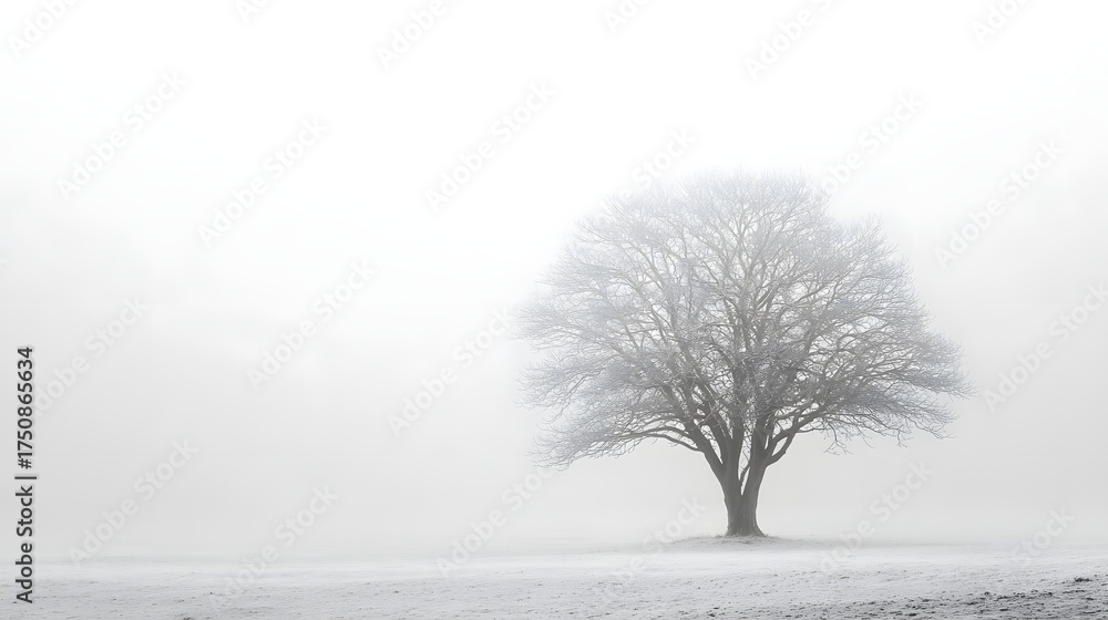 Fototapeta premium Bare tree stands in a misty, frosted field during winter.