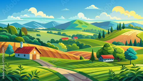 
Very beautiful countryside scene in Martinsville, Virginia, with rolling green hills, clear blue sky, and tranquil natural landscape creating a calm peaceful mood.
