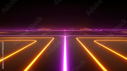 A road with orange lines and a purple line