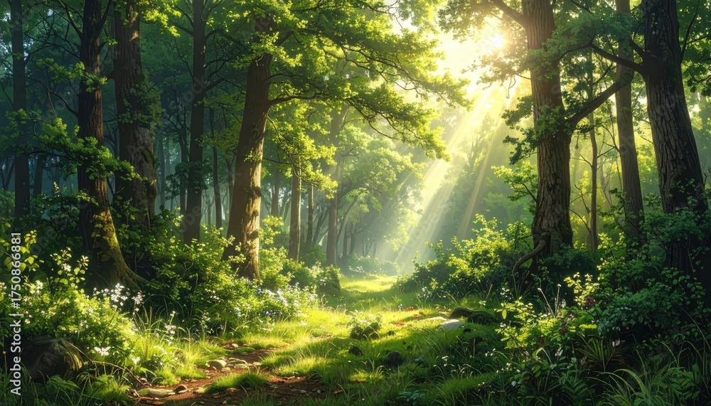 Obraz premium Lush Forest Path with Sun Dappled Greenery and Towering Trees Radiant Light Filtering Through Leaves Creates a Serene Woodland Ambiance