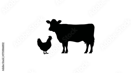 Farm animal silhouettes: cow and chicken illustration. Black outline graphic of livestock on a clean white background.