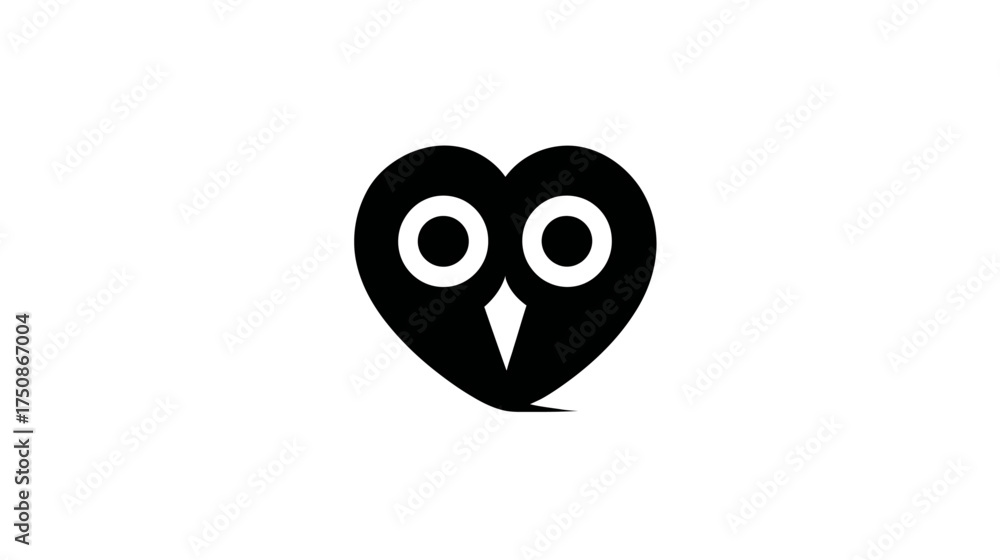 Fototapeta premium Minimalist black owl head in heart shape, symbolizing wisdom, love, and care. Graphic design concept for education or nature.