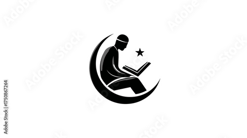 Stylized Islamic man reading sacred book with crescent moon and star symbol. Muslim religion, spirituality, education, prayer vector graphic.