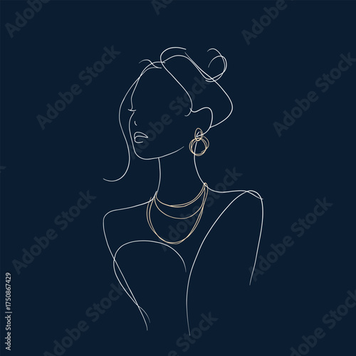Stylish minimalist continuous line drawing of a woman wearing golden earrings and layered necklaces on a dark background. Fashionable illustration ideal for jewelry branding, fashion posters, beauty