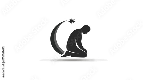 Muslim man praying silhouette with crescent moon and star symbol, depicting devotion, worship, spirituality, and religious faith icon.