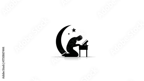 Silhouette of a Muslim person kneeling in prayer, reading a holy book, with a crescent moon and star in the background. Spiritual devotion.